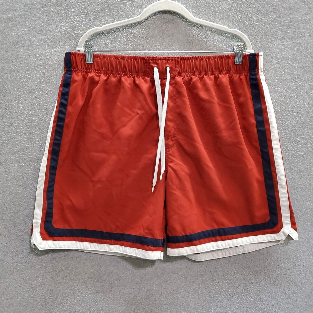 BreakWater Men‎ Swimwear XL Red Striped Trunks Pockets Drawstring 8" Inseam